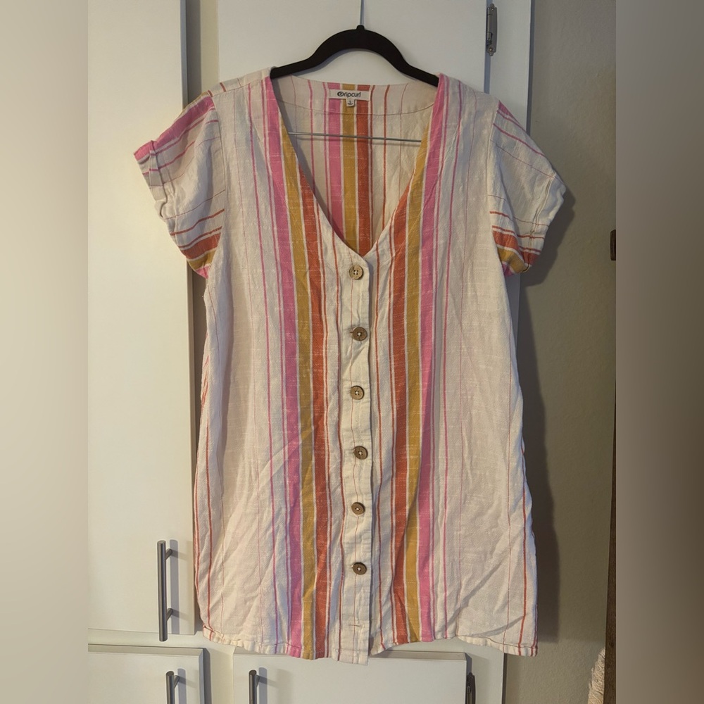Rip Curl Striped Linen Dress Button Up Size Large - image 3
